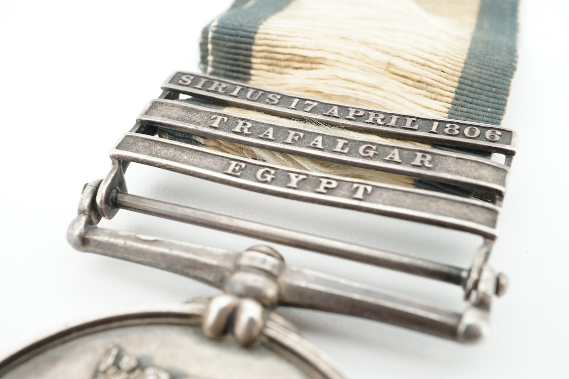 Battle of Trafalgar interest; Four medals awarded to members of the Robertson family. A Victorian naval General Service Medal to Thomas Robertson, Surgeon, with three bars for;, Sirius 17 April 1806, Trafalgar and Egypt,